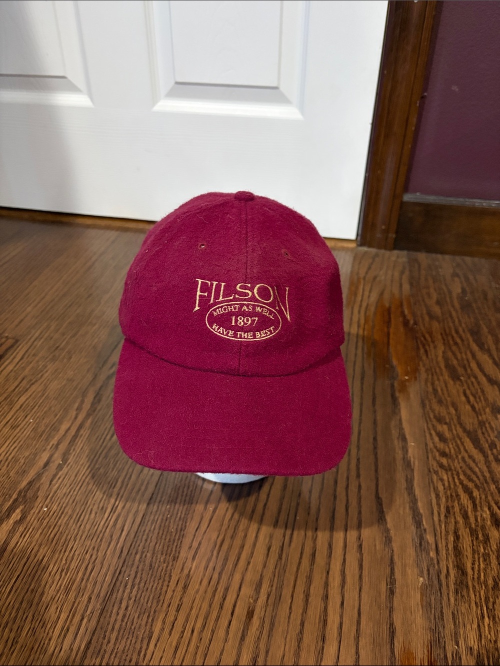 Vtg Filson red wool spelled out baseball work hat 1897 OS